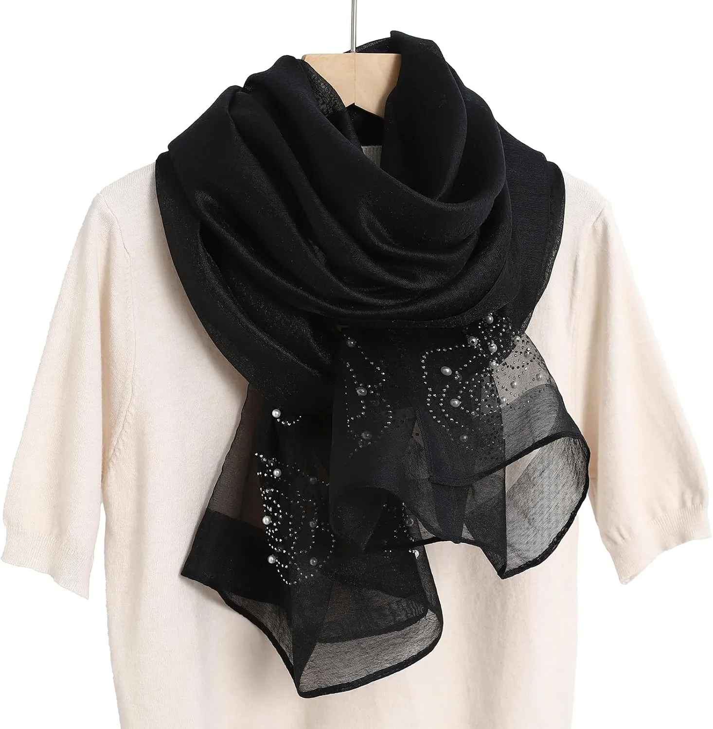 Isurrender Silk Wool Feeling Shiny Scarf Wrap Women Elegant Shawl for Evening Dresses Scarf Flower silk Pashmina Shawl