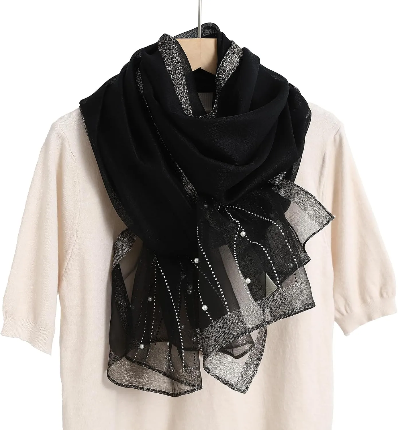 Isurrender Silk Wool Feeling Shiny Scarf Wrap Women Elegant Shawl for Evening Dresses Scarf Flower silk Pashmina Shawl