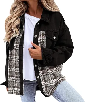Jacket For Women Women Jean Jacket Long Sleeve Checked Button Up Shirt Jacket Top Denim Jacket