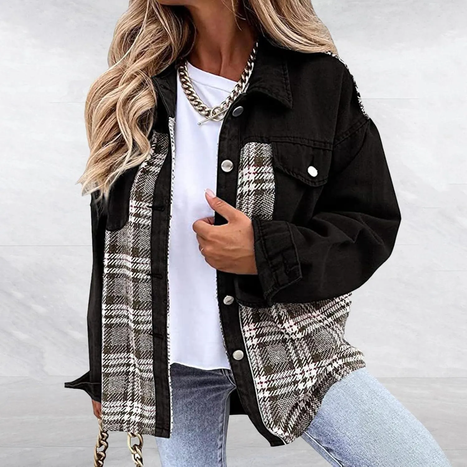 Jacket For Women Women Jean Jacket Long Sleeve Checked Button Up Shirt Jacket Top Denim Jacket