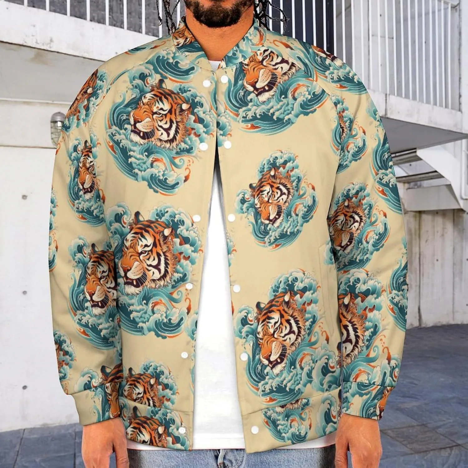 Japanese Tiger Head Waves Lightweight Men's Baseball Jackets Relaxed Fit Varsity Bomber Jacket Windbreaker Coat