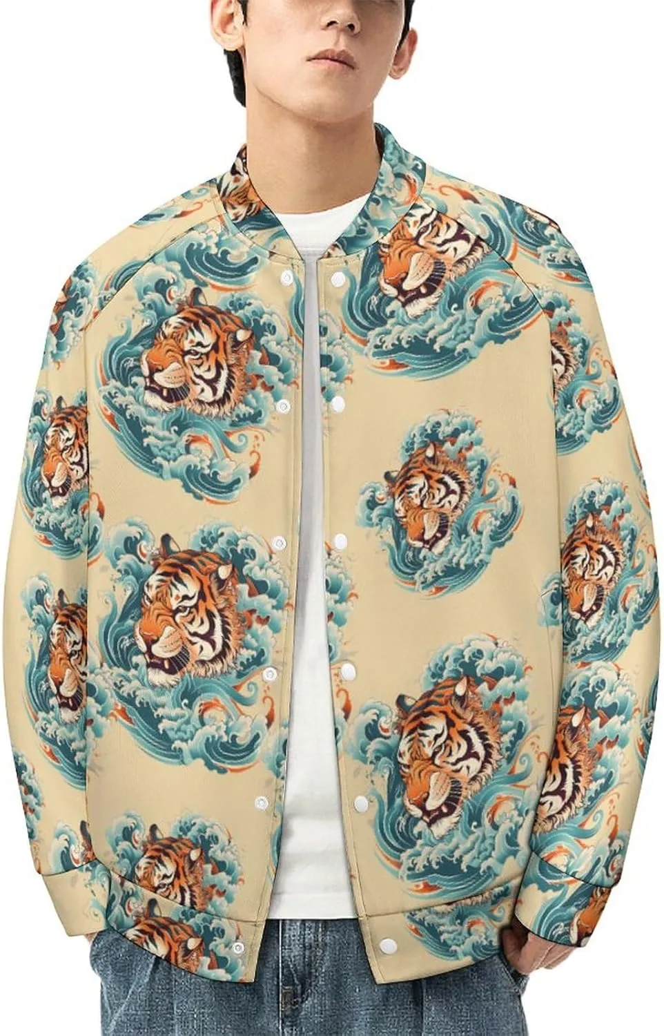 Japanese Tiger Head Waves Lightweight Men's Baseball Jackets Relaxed Fit Varsity Bomber Jacket Windbreaker Coat