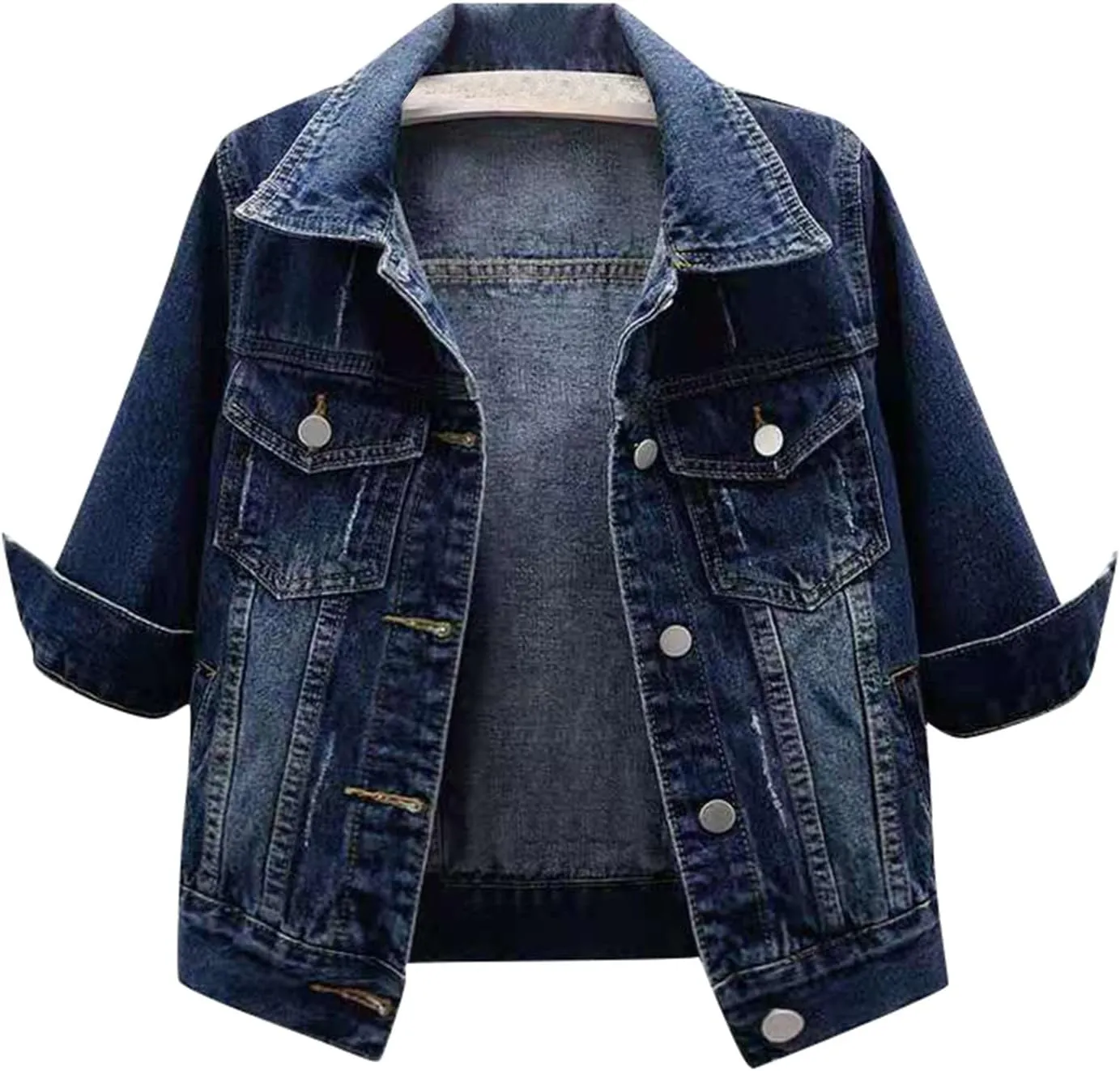 Jean Jacket Women 3/4 Sleeve Colored Cropped Denim Jacket Trendy Light Wash Short Jean Jacket Trucker Coat