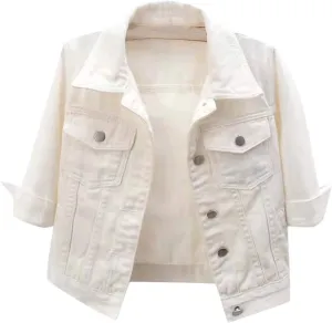 Jean Jacket Women 3/4 Sleeve Colored Cropped Denim Jacket Trendy Light Wash Short Jean Jacket Trucker Coat