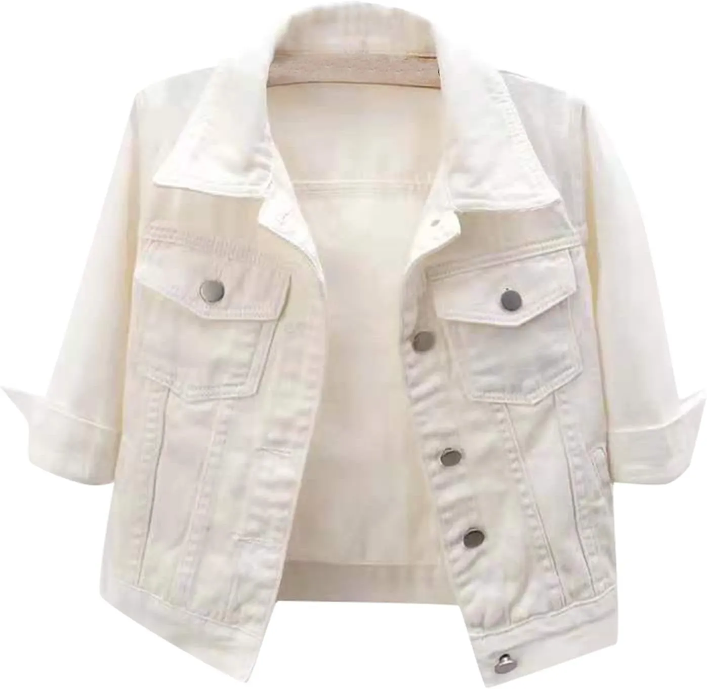 Jean Jacket Women 3/4 Sleeve Colored Cropped Denim Jacket Trendy Light Wash Short Jean Jacket Trucker Coat