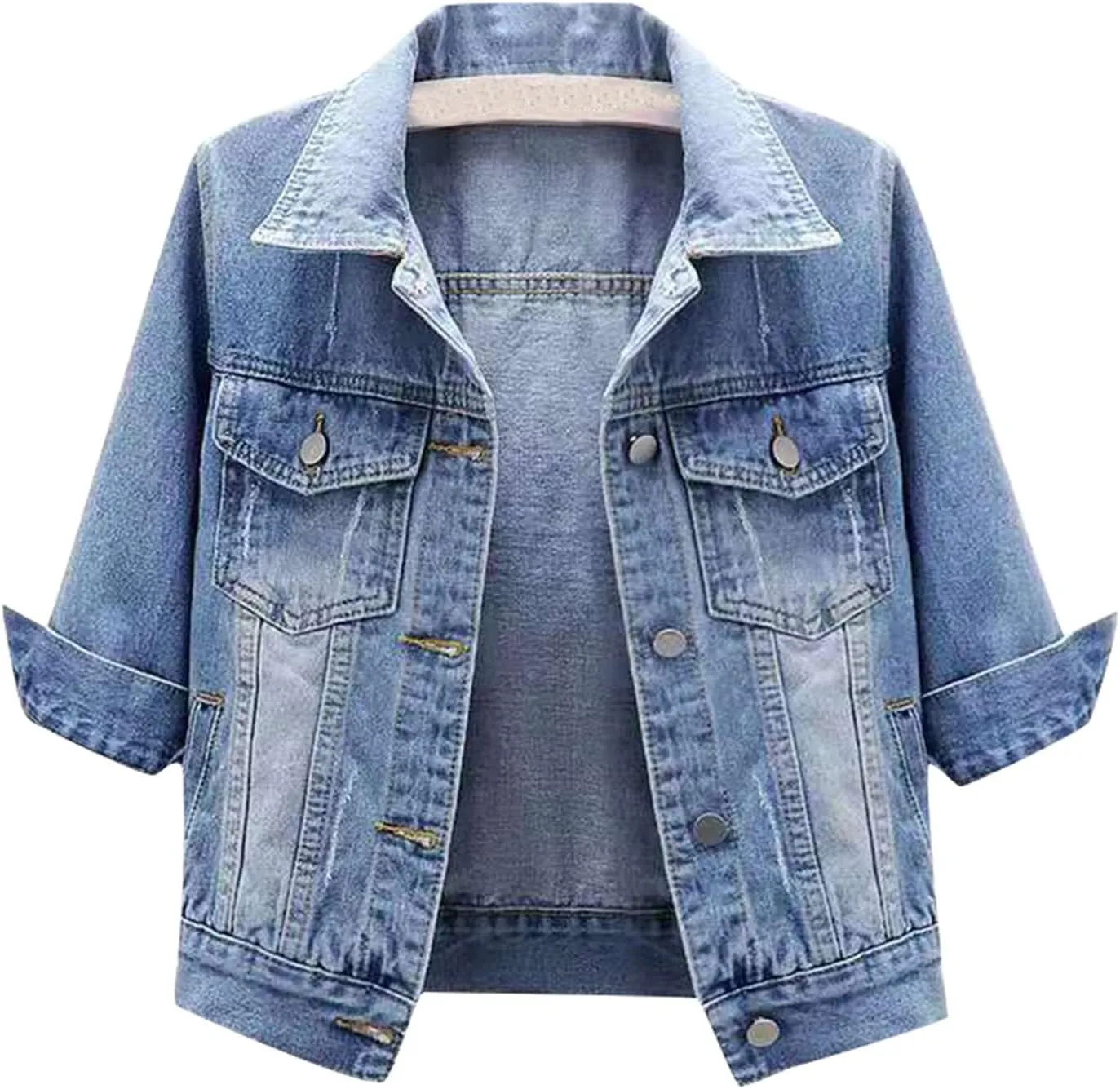 Jean Jacket Women 3/4 Sleeve Colored Cropped Denim Jacket Trendy Light Wash Short Jean Jacket Trucker Coat