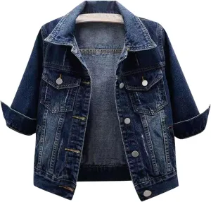 Jean Jacket Women 3/4 Sleeve Colored Cropped Denim Jacket Trendy Light Wash Short Jean Jacket Trucker Coat