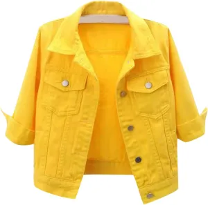 Jean Jacket Women 3/4 Sleeve Colored Cropped Denim Jacket Trendy Light Wash Short Jean Jacket Trucker Coat