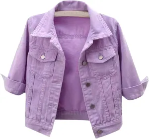 Jean Jacket Women 3/4 Sleeve Colored Cropped Denim Jacket Trendy Light Wash Short Jean Jacket Trucker Coat