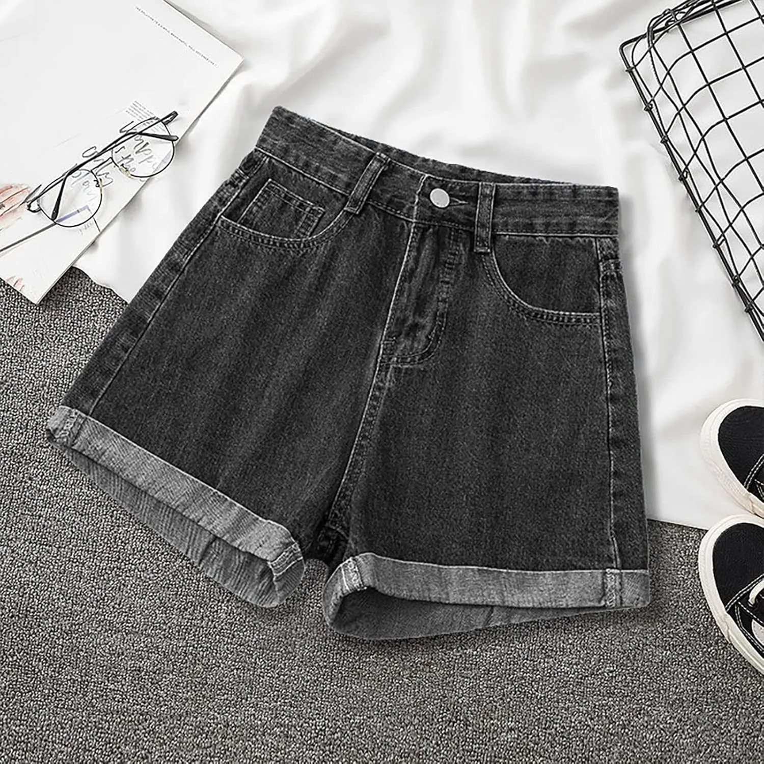 Jean Shorts for Women Summer Casual Loose Fit Elastic High Waisted Shorts Fashion Comfort Wide Leg Shorts with Pockets