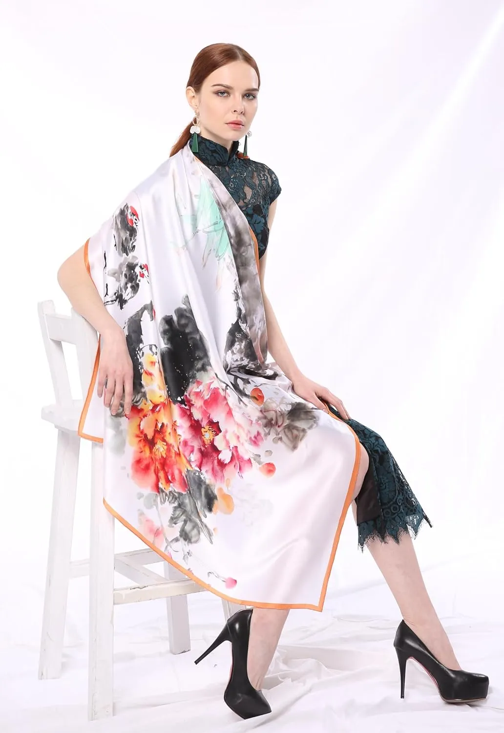 Jeelow 100% Luxurious Mulberry Silk Extra Large Square Scarf Shawl Wrap For Women 16 Mommes 42x42 Inch For Evening Dresses