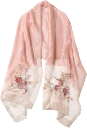 Jeelow Fashion Lightweight Light Silk Wool Scarf Shawl Wrap For Women Floral Embroidery