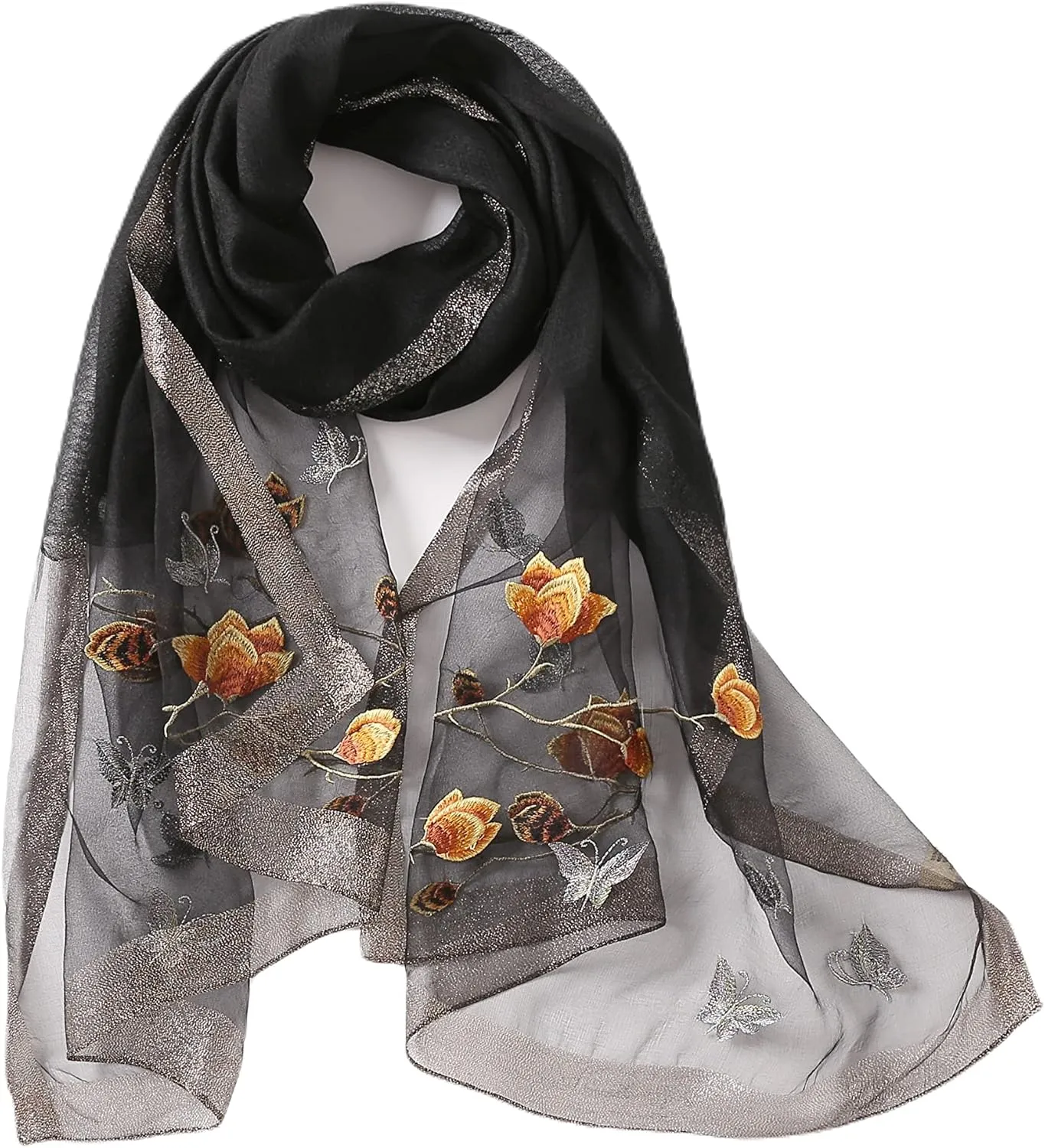 Jeelow Fashion Lightweight Light Silk Wool Scarf Shawl Wrap For Women Floral Embroidery