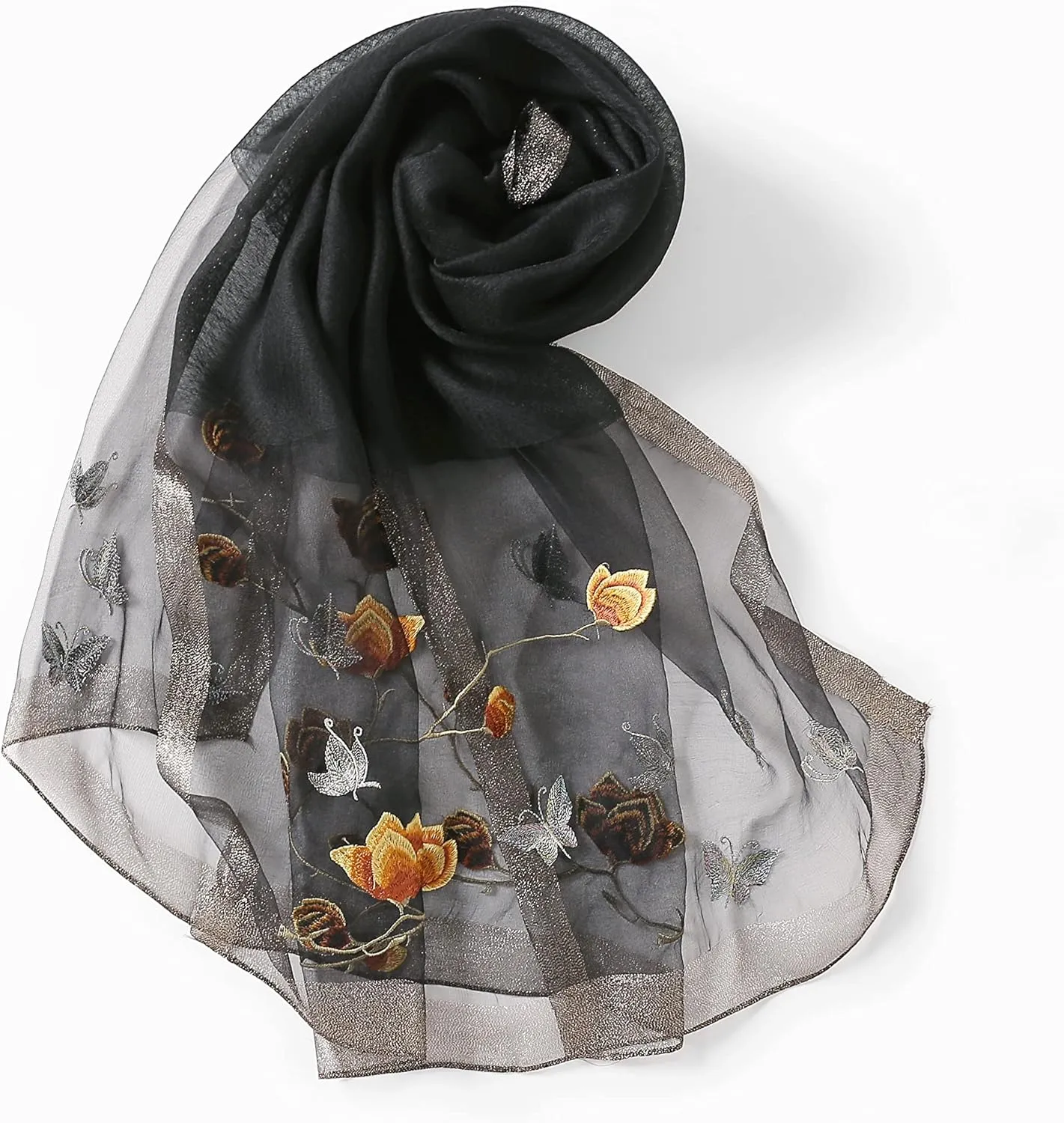 Jeelow Fashion Lightweight Light Silk Wool Scarf Shawl Wrap For Women Floral Embroidery