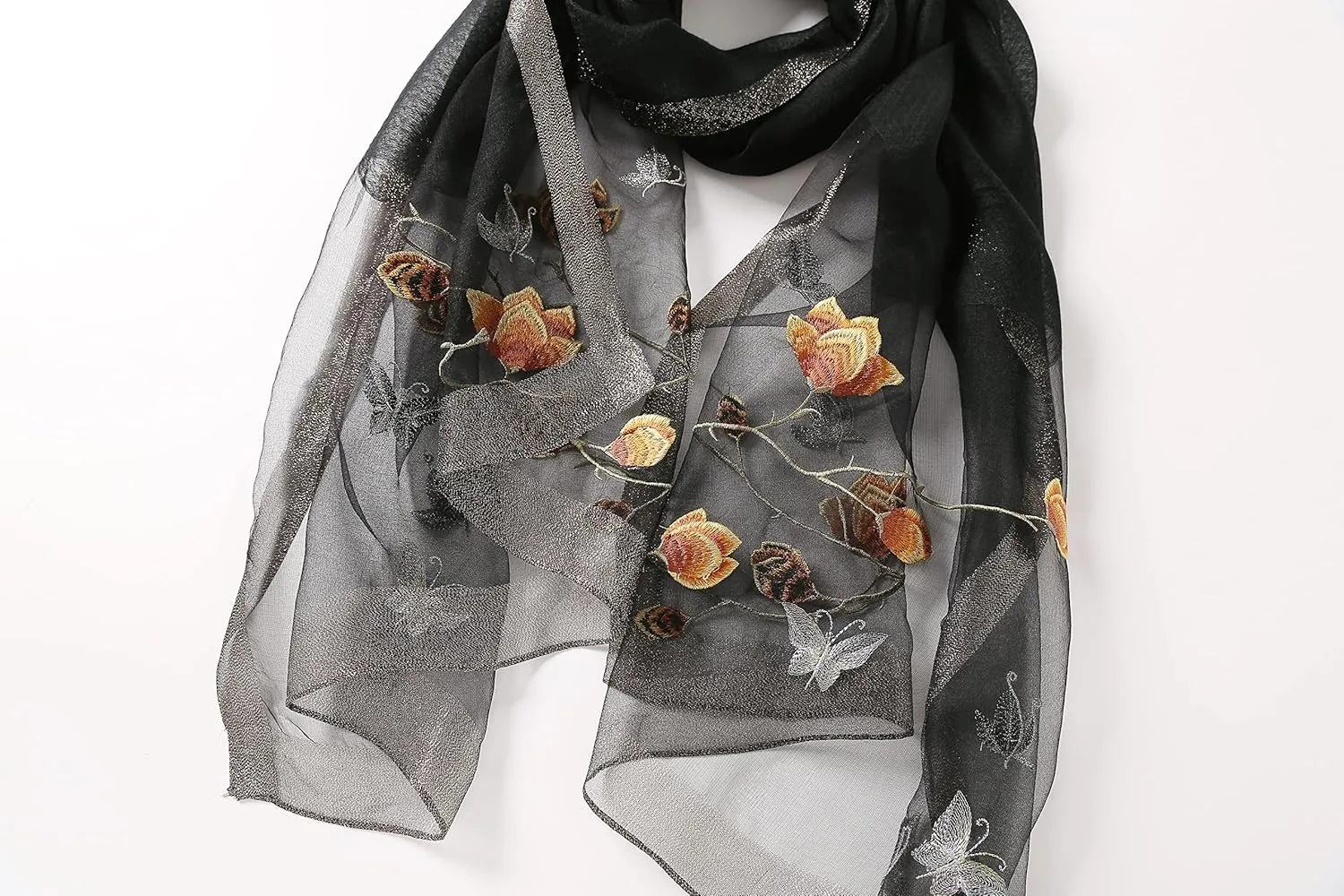 Jeelow Fashion Lightweight Light Silk Wool Scarf Shawl Wrap For Women Floral Embroidery