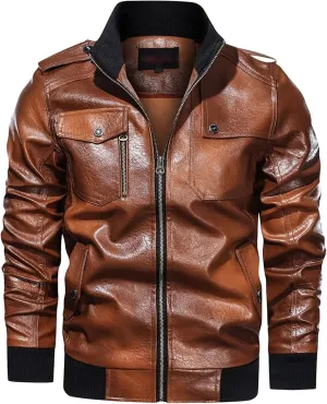 JEsilunmaMY Men's Multi-Pocket Leather Jacket Vintage Zipper Stand Collar Motorcycle Coats Slim Fit Casual Bomber Outwear