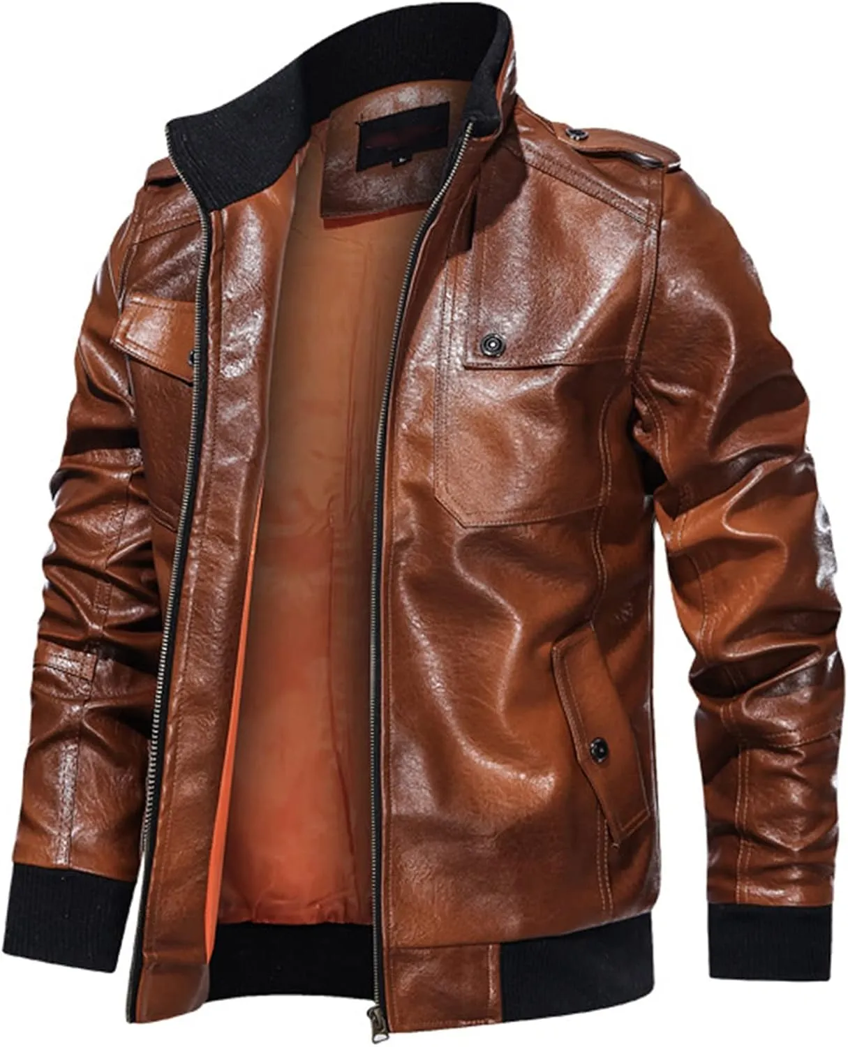 JEsilunmaMY Men's Multi-Pocket Leather Jacket Vintage Zipper Stand Collar Motorcycle Coats Slim Fit Casual Bomber Outwear