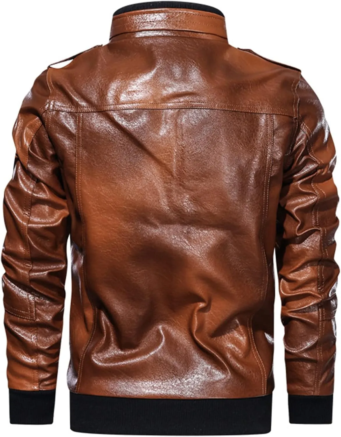 JEsilunmaMY Men's Multi-Pocket Leather Jacket Vintage Zipper Stand Collar Motorcycle Coats Slim Fit Casual Bomber Outwear