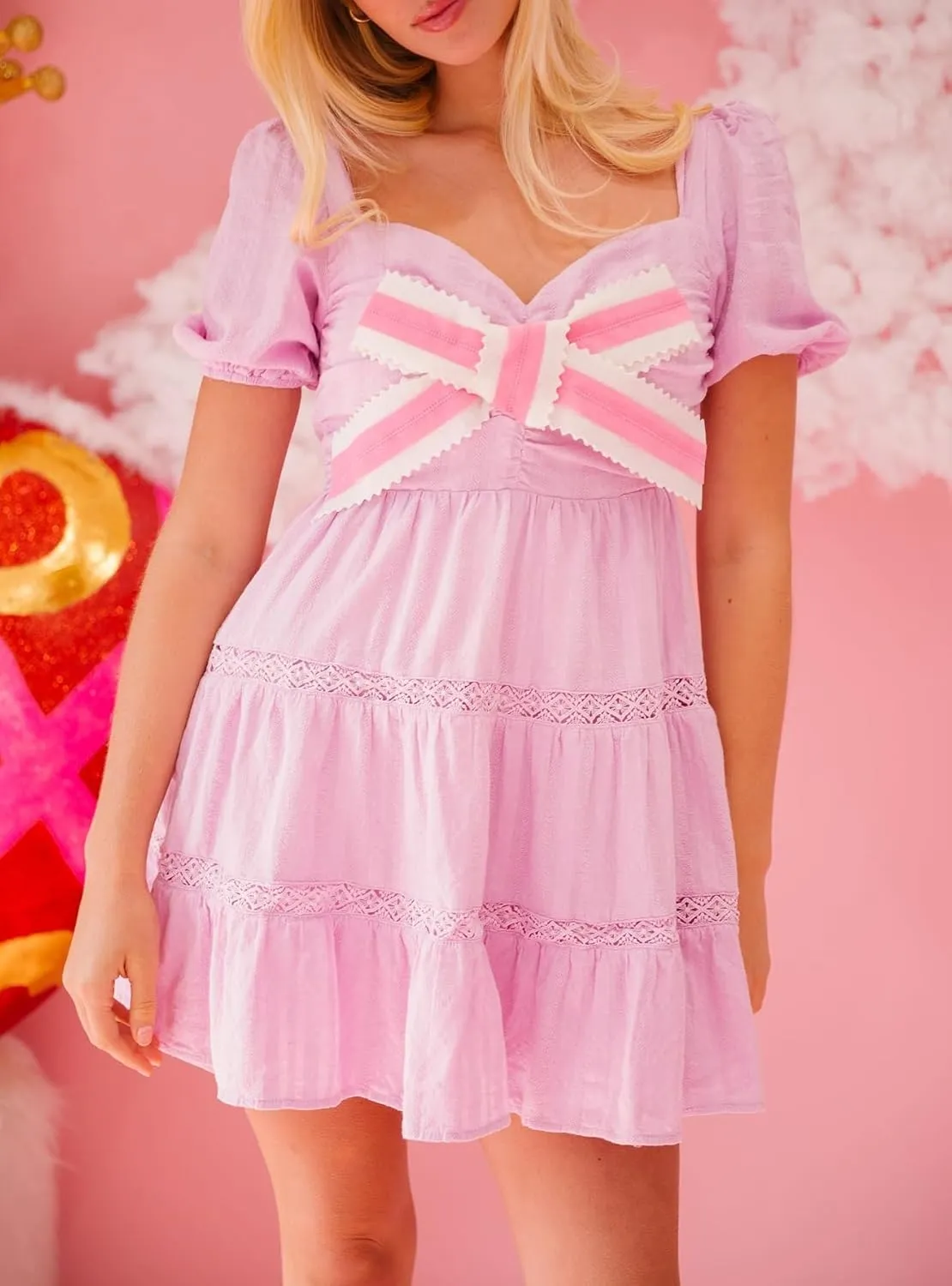 Juakoso Women Short Puff Sleeve Babydoll Dress Cute Bow Tie A-line Ruffle Mini Dress Casual Pleated Going Out Dress