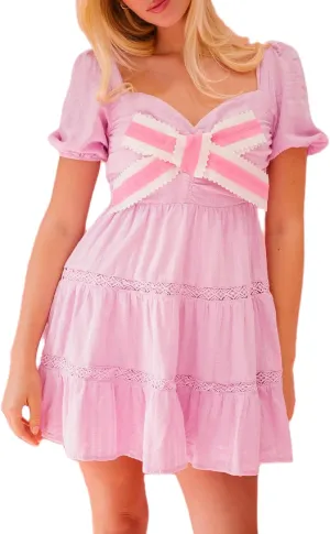 Juakoso Women Short Puff Sleeve Babydoll Dress Cute Bow Tie A-line Ruffle Mini Dress Casual Pleated Going Out Dress