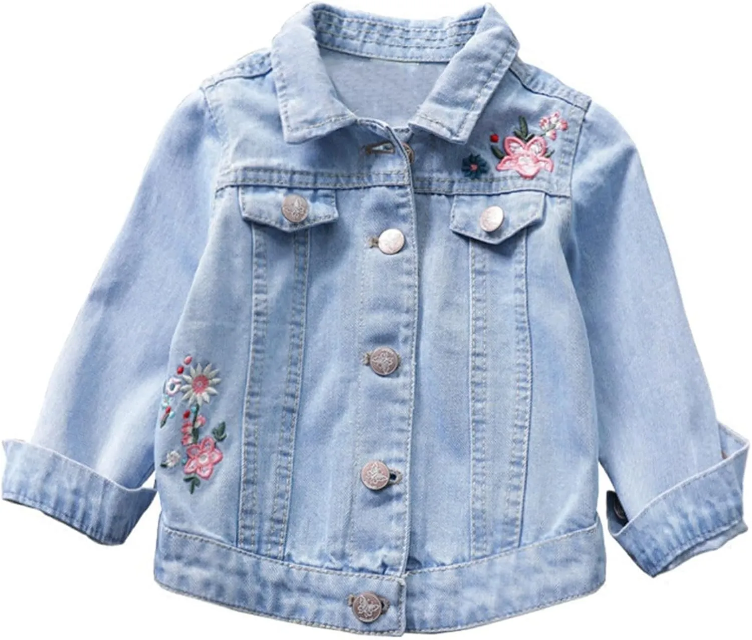 KAGAYD Little Girls' Denim Jacket Flower Embroidered Jean Jacket Classic Denim Jean Jacket for Kids Girls