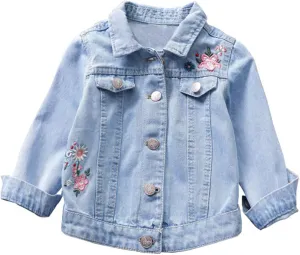 KAGAYD Little Girls' Denim Jacket Flower Embroidered Jean Jacket Classic Denim Jean Jacket for Kids Girls