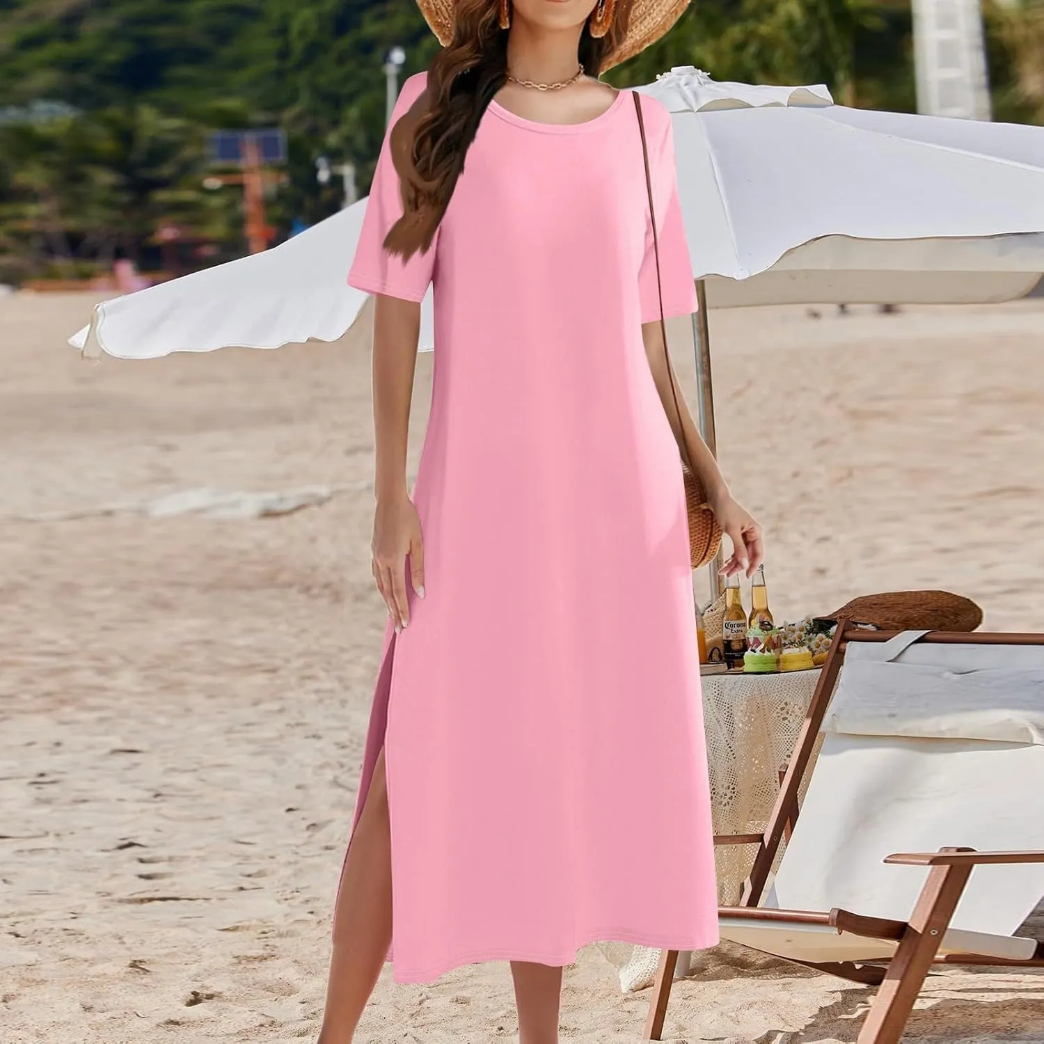 Kenvina Women Floral Summer Dress Casual Beach Dress Printed T Shirt Dress Split Long Dress Vacation Dress with Pockets