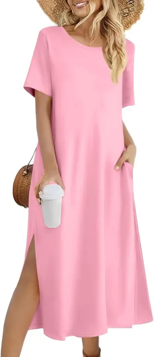 Kenvina Women Floral Summer Dress Casual Beach Dress Printed T Shirt Dress Split Long Dress Vacation Dress with Pockets