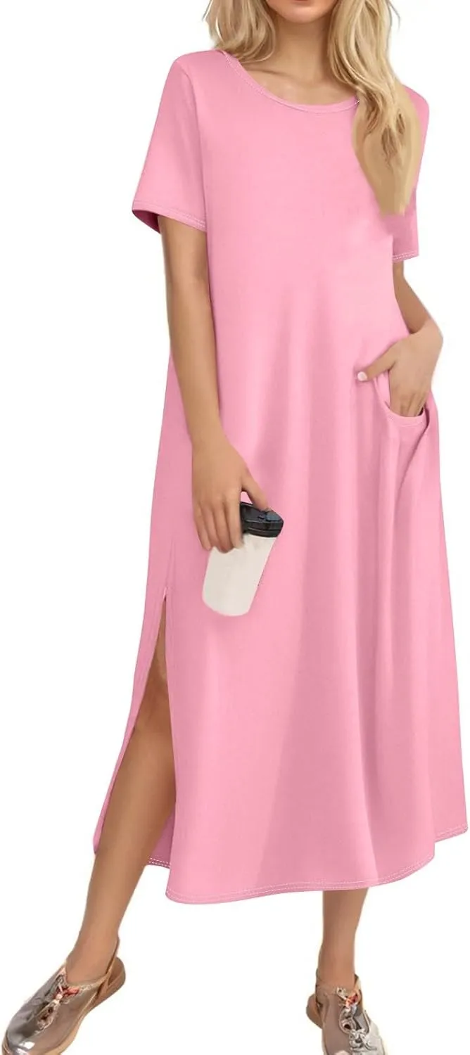 Kenvina Women Floral Summer Dress Casual Beach Dress Printed T Shirt Dress Split Long Dress Vacation Dress with Pockets