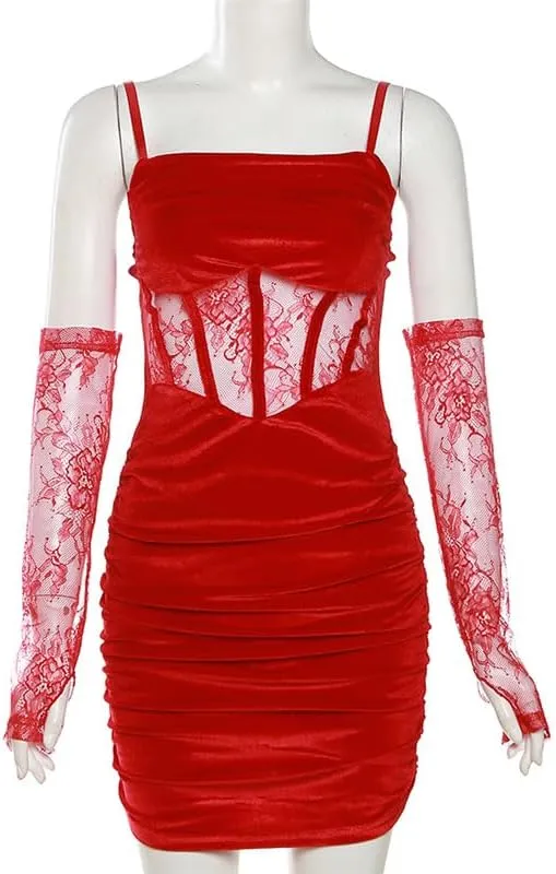 Lace Dress for Women Spaghetti Straps Bodycon Mini Dress Strappy Short Dress