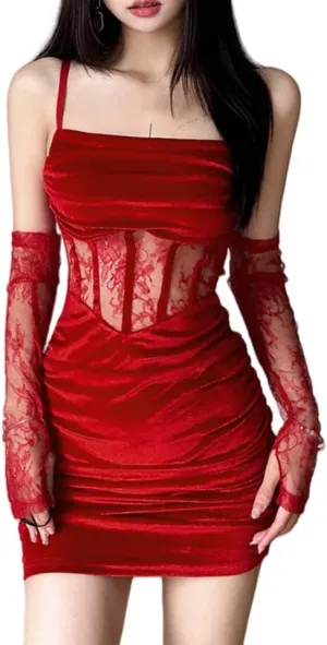 Lace Dress for Women Spaghetti Straps Bodycon Mini Dress Strappy Short Dress