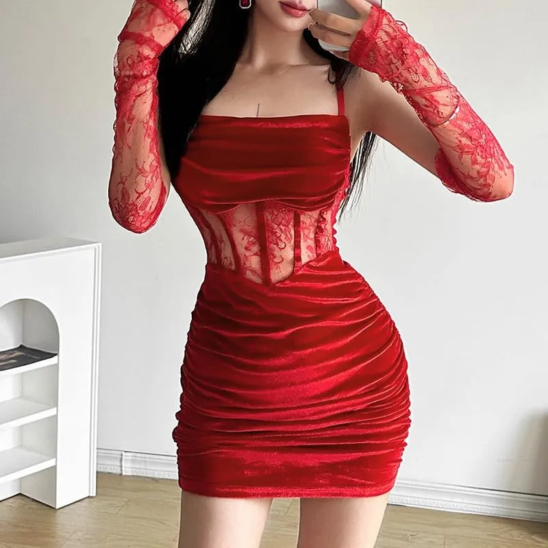 Lace Dress for Women Spaghetti Straps Bodycon Mini Dress Strappy Short Dress