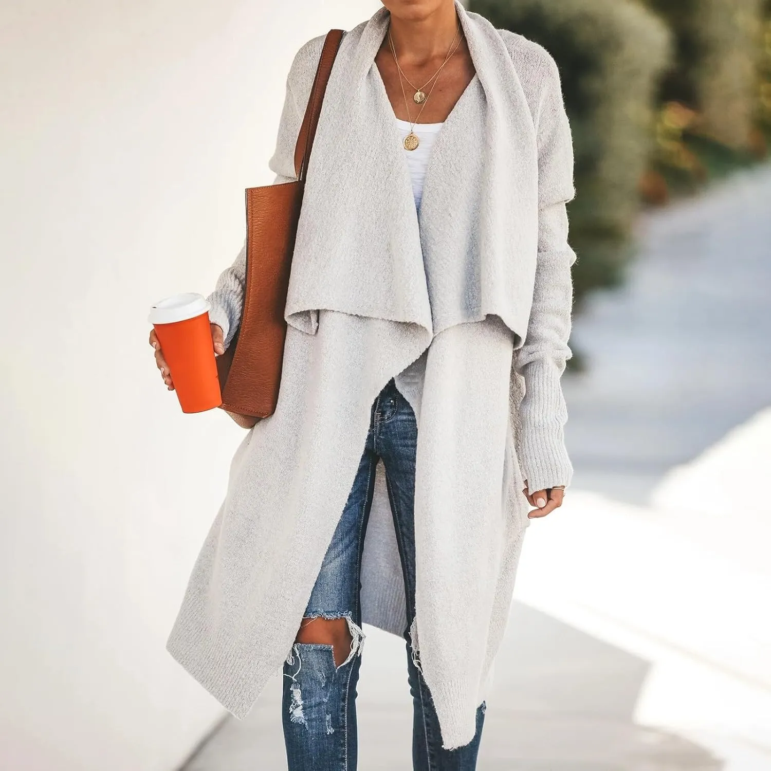 Lazy V-Neck Oversize Long Sweater Cardigans Jacket Coat Women Outwear Open Front Long Sleeve Dusters with Pockets