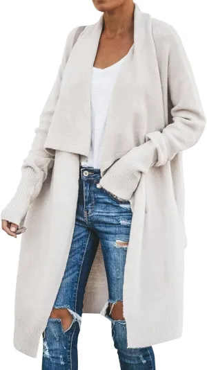 Lazy V-Neck Oversize Long Sweater Cardigans Jacket Coat Women Outwear Open Front Long Sleeve Dusters with Pockets