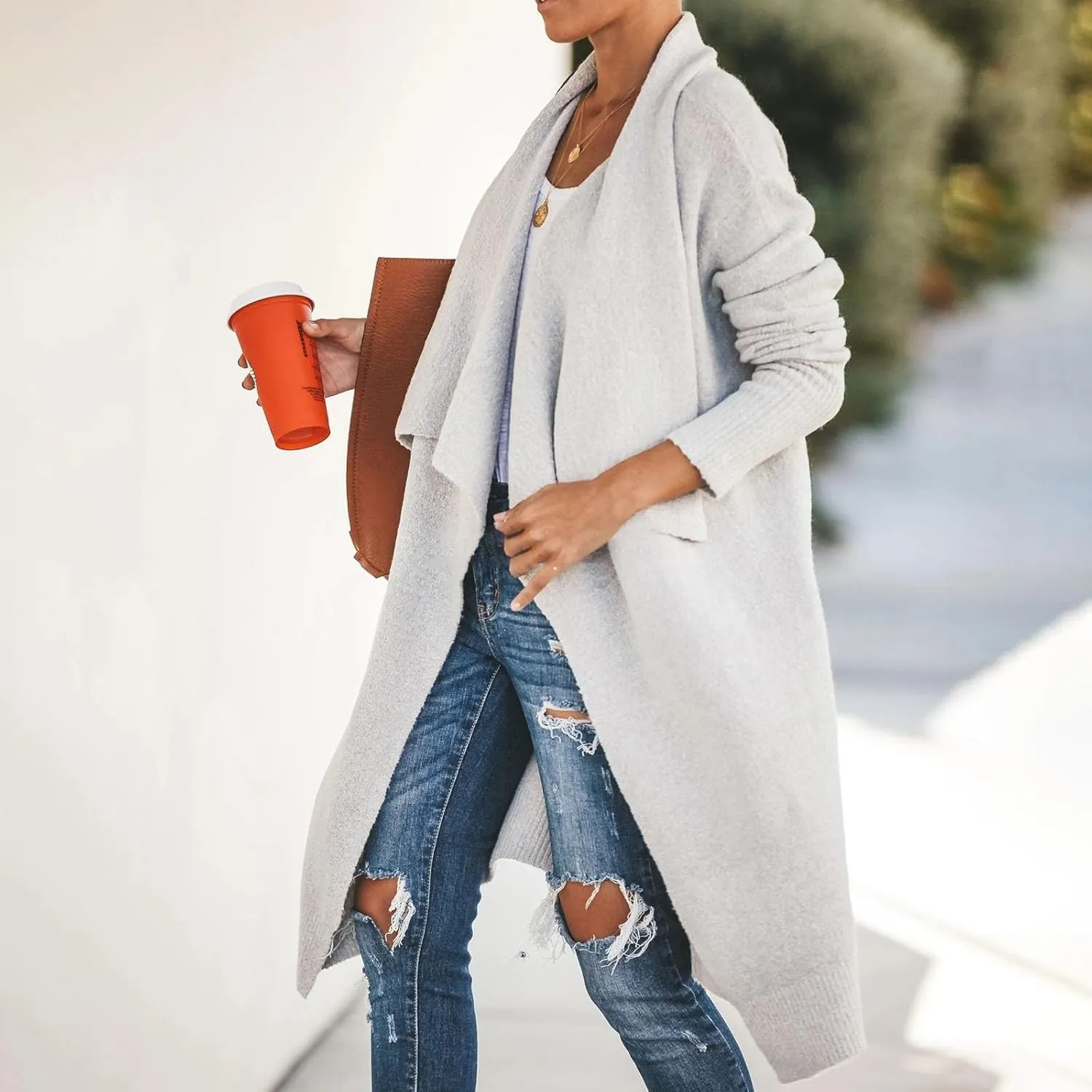 Lazy V-Neck Oversize Long Sweater Cardigans Jacket Coat Women Outwear Open Front Long Sleeve Dusters with Pockets
