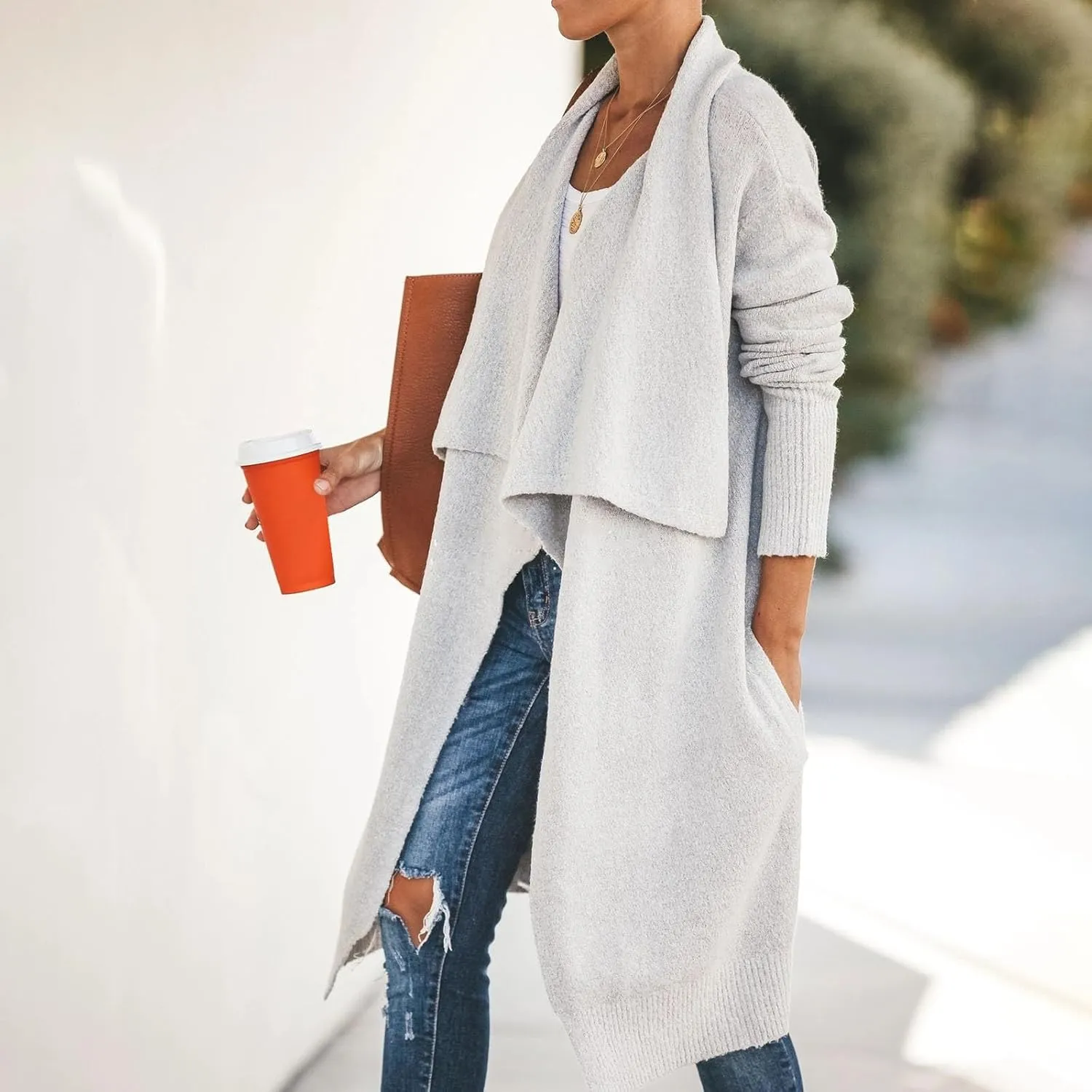 Lazy V-Neck Oversize Long Sweater Cardigans Jacket Coat Women Outwear Open Front Long Sleeve Dusters with Pockets