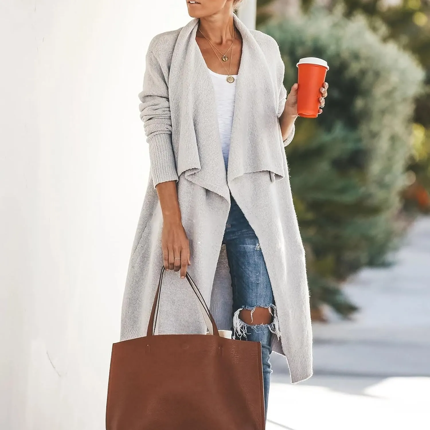 Lazy V-Neck Oversize Long Sweater Cardigans Jacket Coat Women Outwear Open Front Long Sleeve Dusters with Pockets