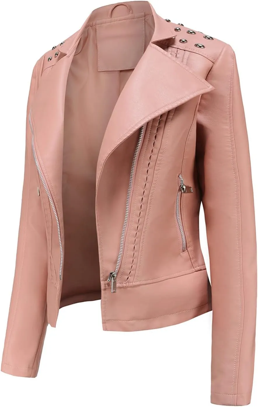 LCMTWX Brown Leather Jacket Women PU Leather Coat Jacket Locomotive Short Zipper Coat Jacket Leather Jackets White Leather