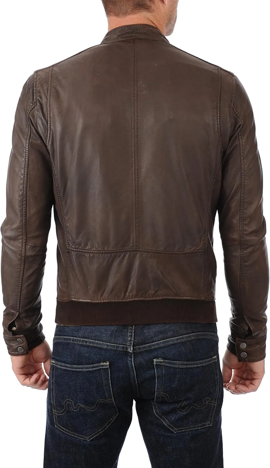 LEATHER FARM Men's Lambskin Leather Bomber Motercycle Jacket