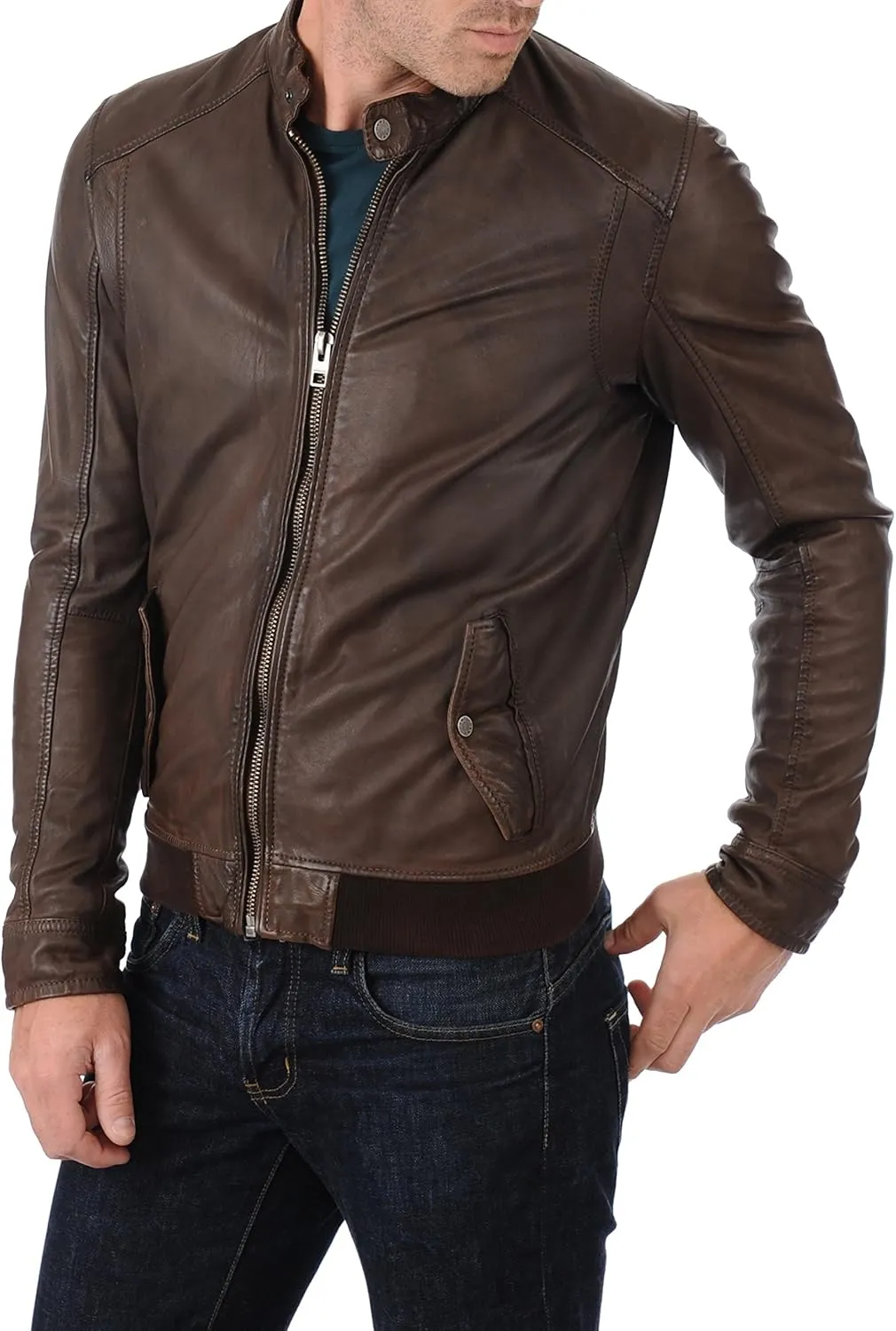 LEATHER FARM Men's Lambskin Leather Bomber Motercycle Jacket