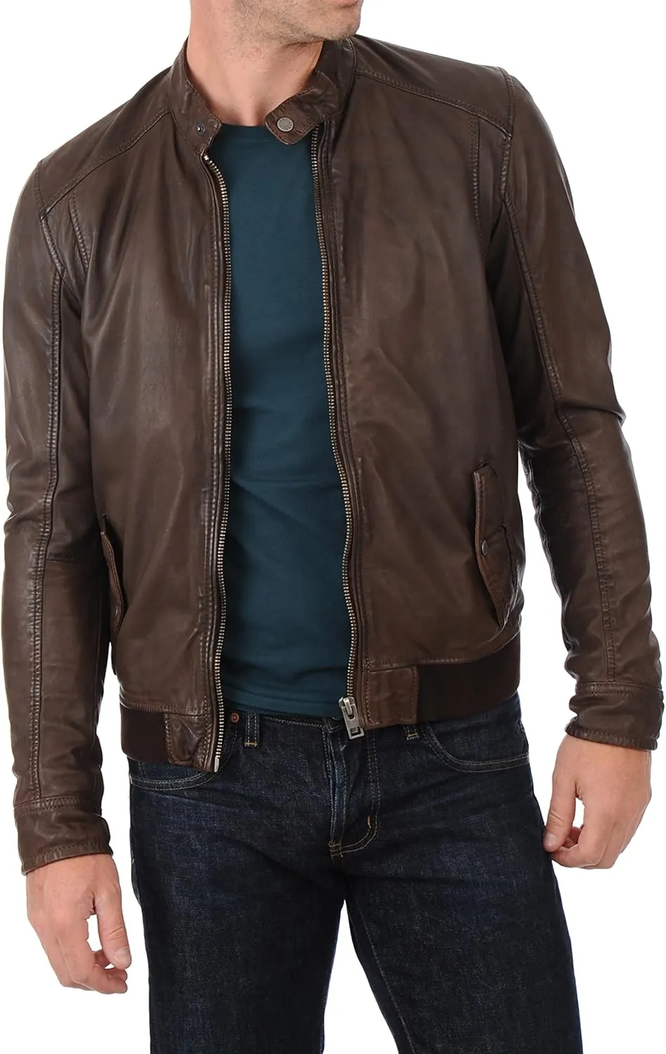 LEATHER FARM Men's Lambskin Leather Bomber Motercycle Jacket
