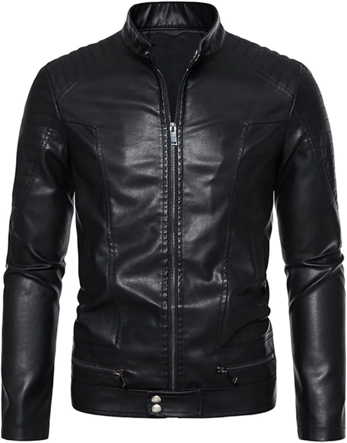 Leather Jacket for Men Solid Color Zip PU Leather Jacket Short Lapel Motorcycle Leather Men's Cotton Lightweight