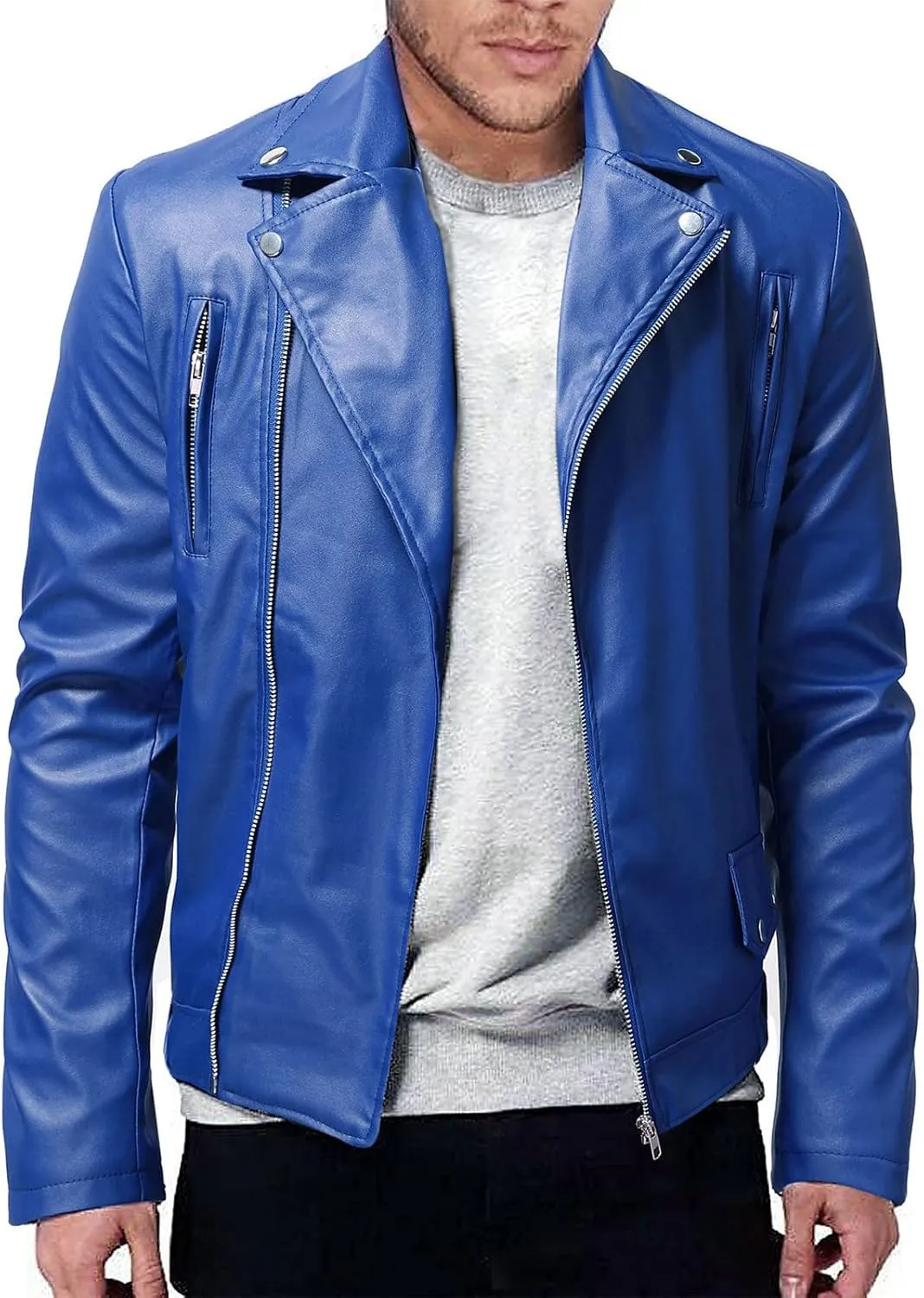 Leather Jacket Men Long Sleeve Bomber Motorcycle Jackets Zip Up Outwear Sports Basic Biker Winter Coat with Pockets