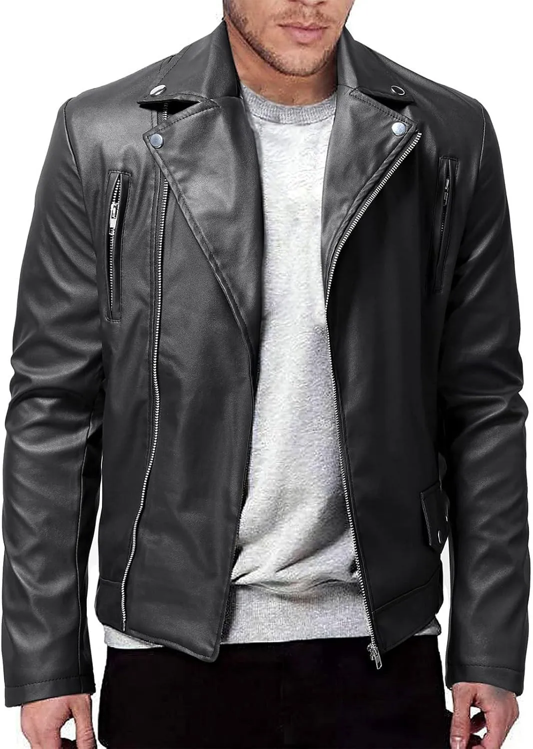 Leather Jacket Men Long Sleeve Bomber Motorcycle Jackets Zip Up Outwear Sports Basic Biker Winter Coat with Pockets