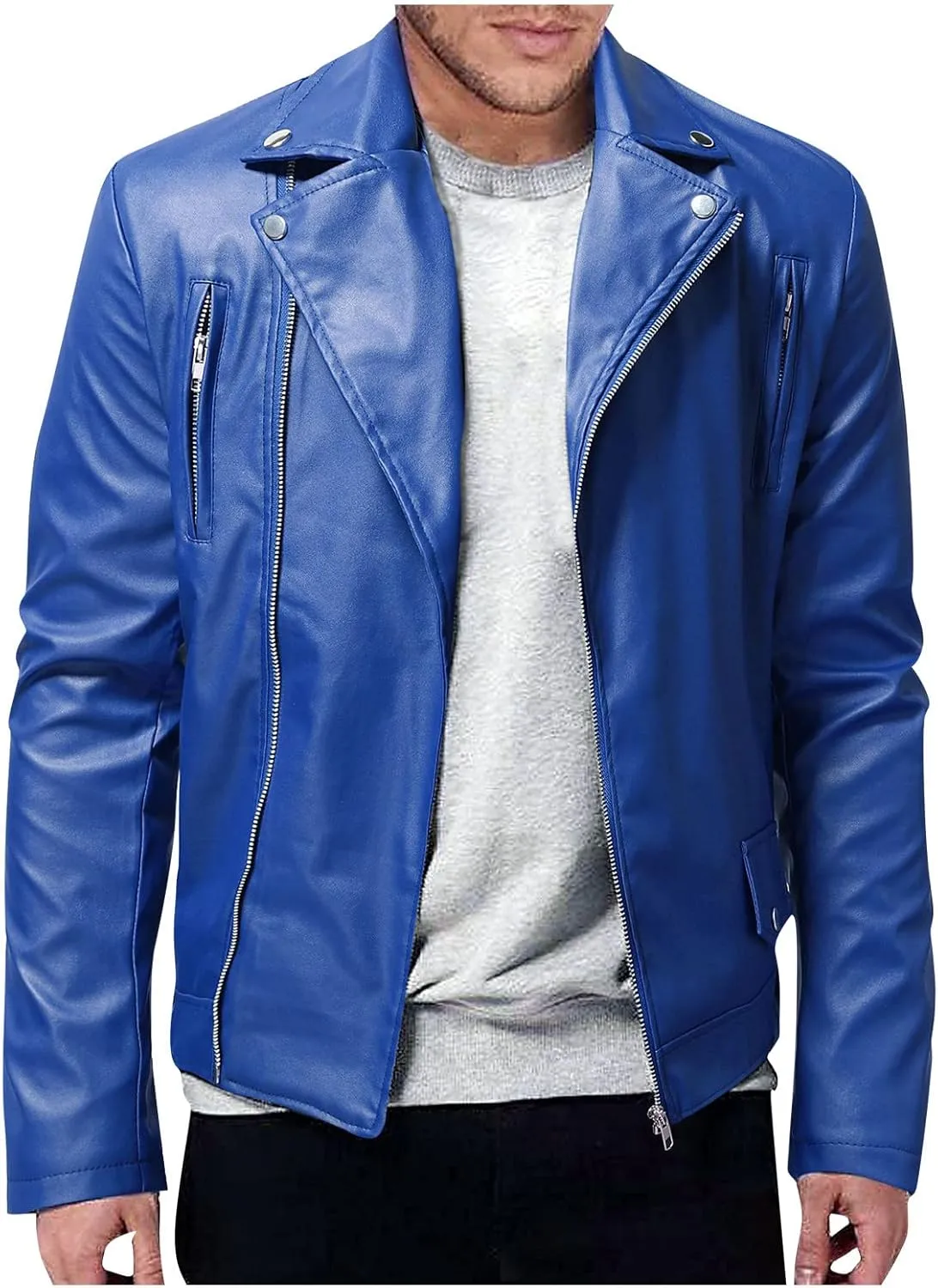 Leather Jacket Men Long Sleeve Bomber Motorcycle Jackets Zip Up Outwear Sports Basic Biker Winter Coat with Pockets
