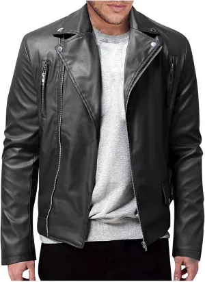 Leather Jacket Men Long Sleeve Bomber Motorcycle Jackets Zip Up Outwear Sports Basic Biker Winter Coat with Pockets