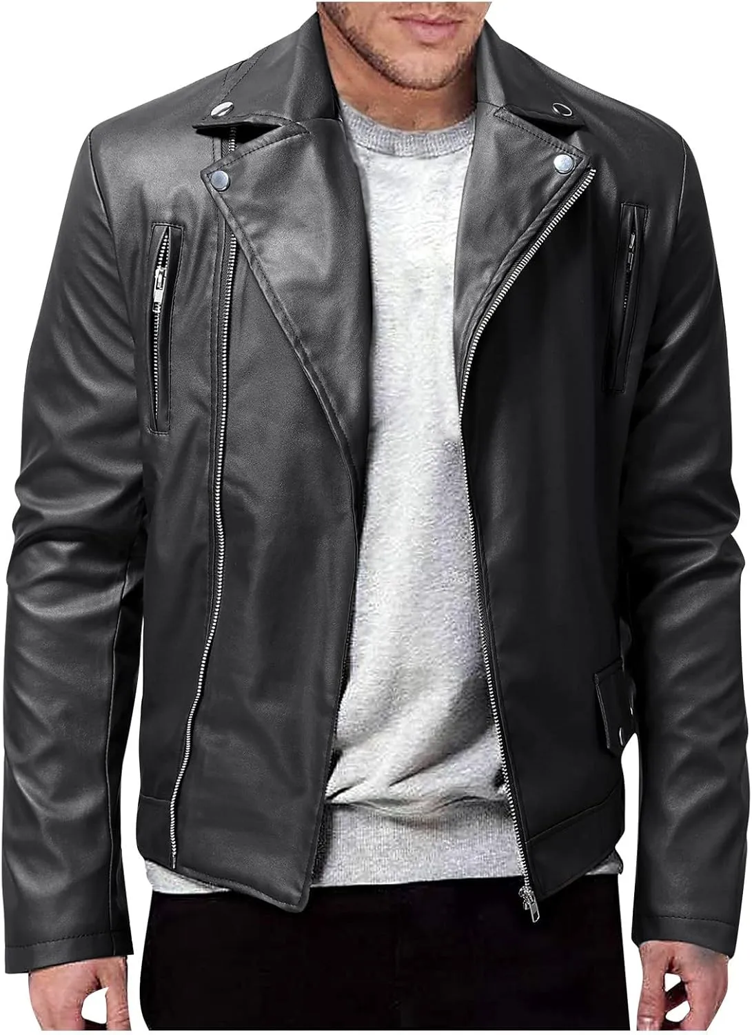 Leather Jacket Men Long Sleeve Bomber Motorcycle Jackets Zip Up Outwear Sports Basic Biker Winter Coat with Pockets