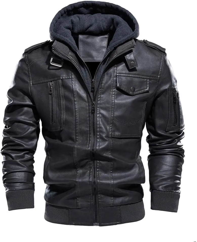 Leather Jacket Men Vintage Motorcycle Jacket Zip up Faux Leather Jacket Waterproof Biker Jacket PU Leather Winter Coat