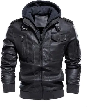 Leather Jacket Men Vintage Motorcycle Jacket Zip up Faux Leather Jacket Waterproof Biker Jacket PU Leather Winter Coat