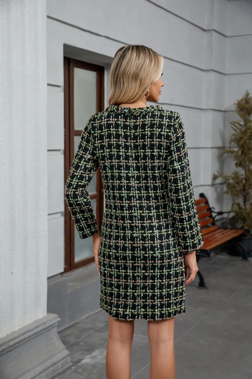 LifeShe Women's Long Sleeve Tweed Mini Dress Business Work Short Dress Elegant Cute Party Dresses